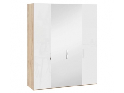 Шкаф комбинированный Эмбер с 2 глухими и 2 зеркальными дверями Яблоня Беллуно, Белый глянец